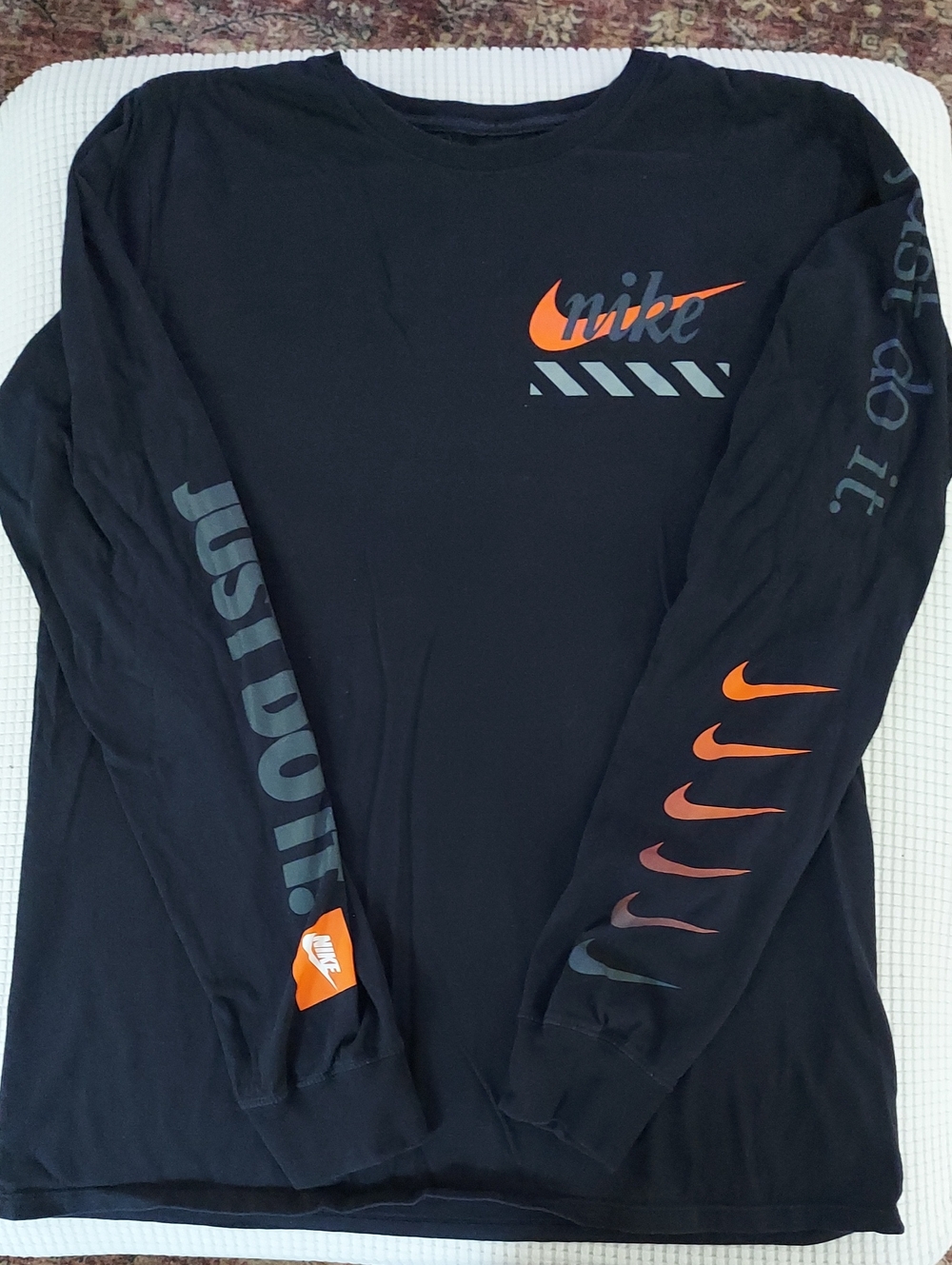 Nike Black Long Sleeve Tee with Orange and Gray Swooshes